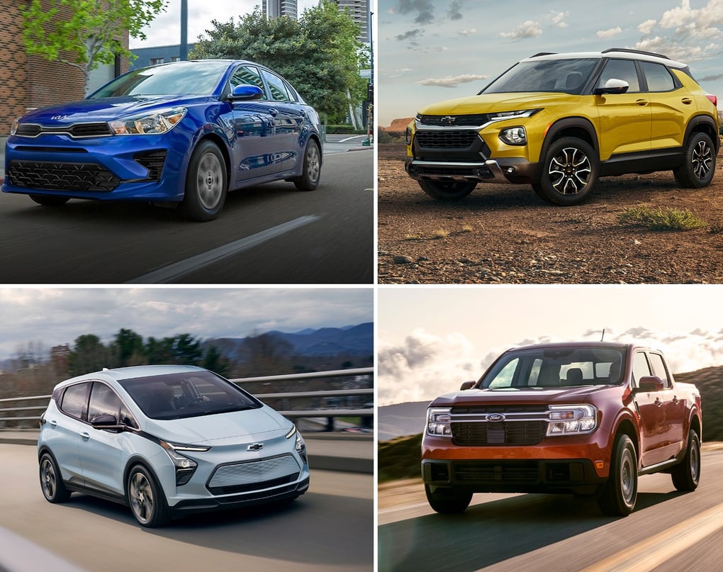 Most affordable cars in 2023. Photo Credit: Kia, Chevrolet, Ford.