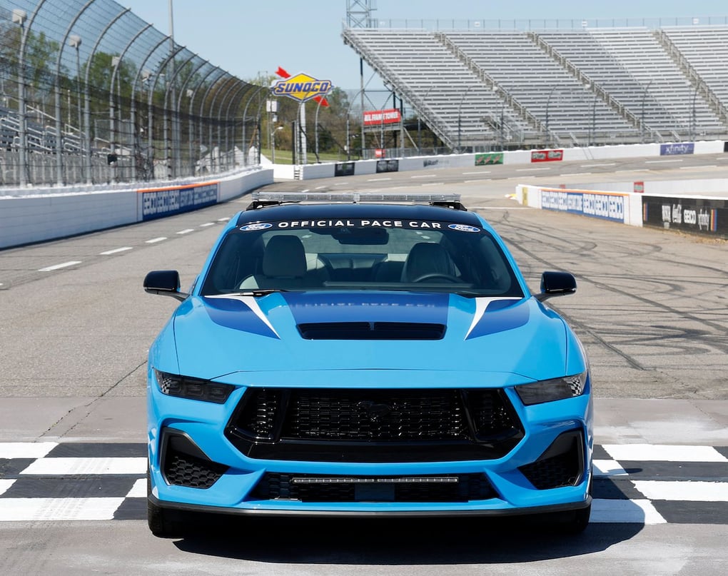 2024 Ford Mustang GT. in Grabber Blue. Credit: Ford.