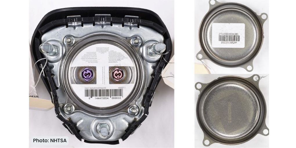 A DTN inflator installed in an air bag module and labeled with a distinctive number sequence and bar code and DTN inflator cap marked with a DTN serial number. Photo: NHTSA.