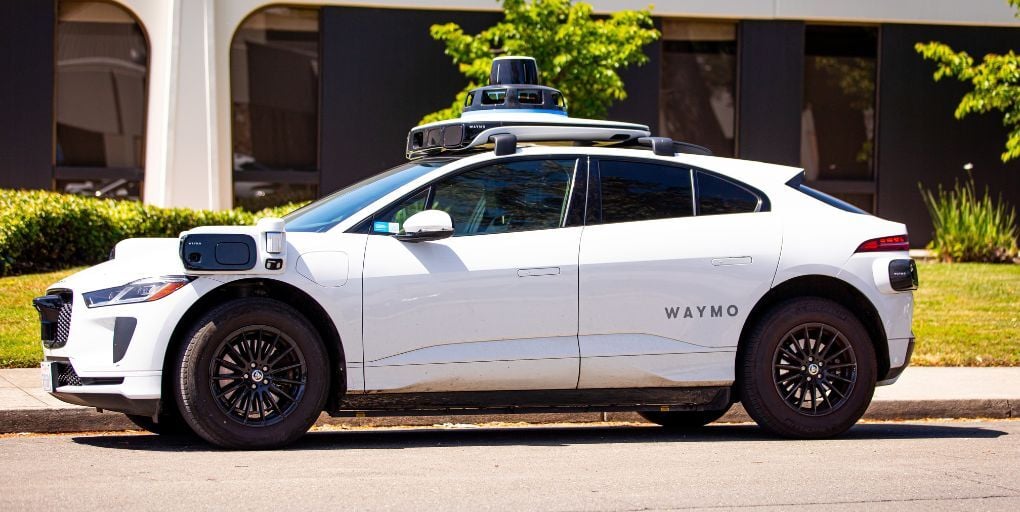 Waymo One Jaguar in Mountain View, CA, May 15, 2025.  Editorial credit: bluestork / Shutterstock.com.