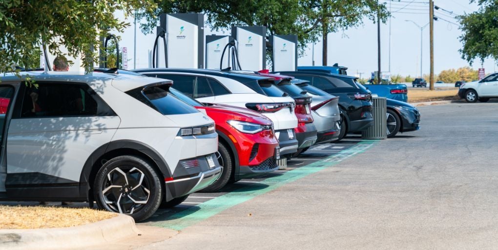 Editorial Use Only. Electrify America charging station in Austin, TX. Sept, 2023. Roschetzky/Shutterstock.com.