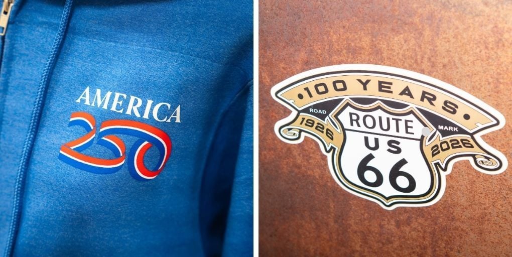 Editorial Use Only. (L) America 250 logo. Indiana, January 28, 2026. Logan Bush/Shutterstock. (R) Route 66 sign in Arizona, January 6, 2026. Konia4ka/Shutterstock.