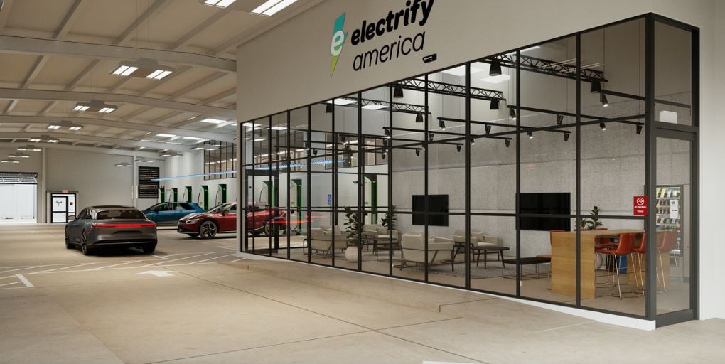 Electrify America recently opened its new flagship indoor EV charging station in San Francisco.  Photo: Electrify America.