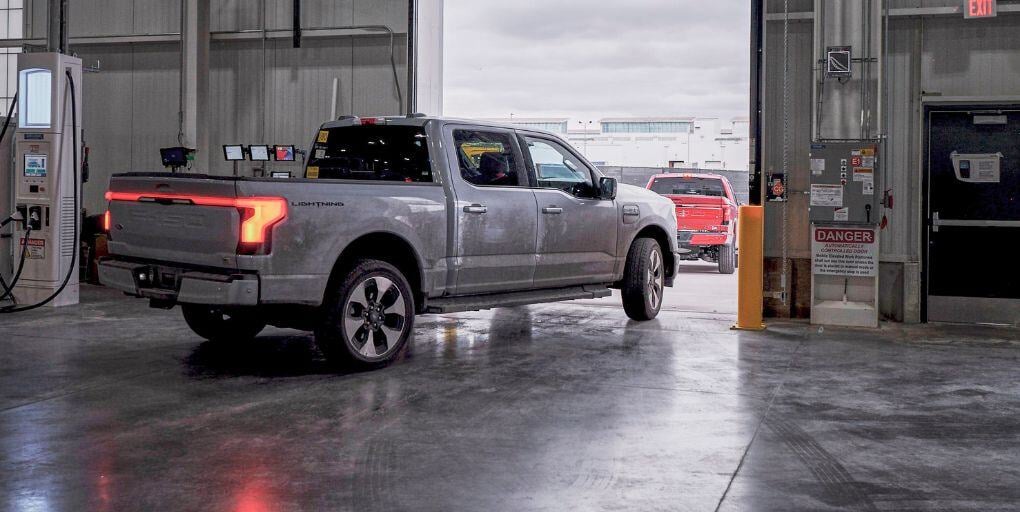 An all-electric Ford Lighting in Ford's Rouge Electric Vehicle Center on April 26, 2022. Credit: Ford.