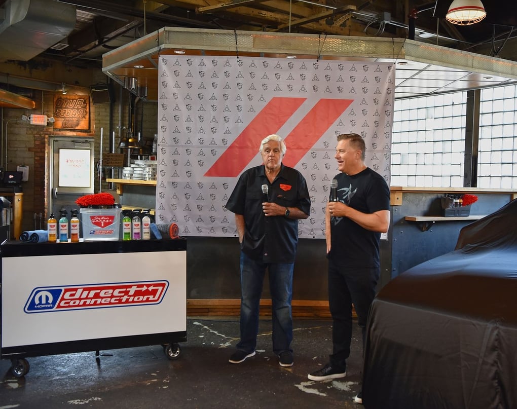TV host and comedian Jay Leno and Dodge Brand CEO Tim Kuniskis announce new car care line on August 19, 2023. Photo Credit: Stellantis.