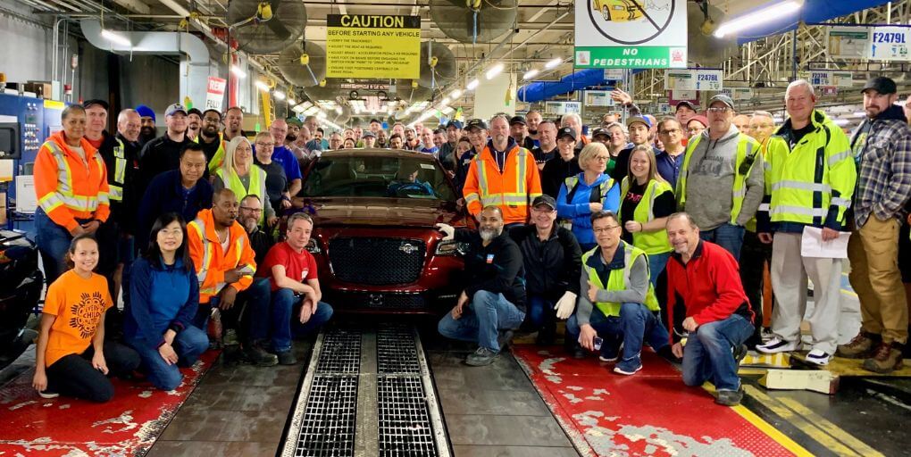 Team members at the Brampton (Ont.) Assembly Plant gather to celebrate production of the final 2023 Chrysler 300C on Friday, Dec. 8, 2023. Production of the Chrysler 300 and 300C will end in 2023. Photo Credit: Stellantis.