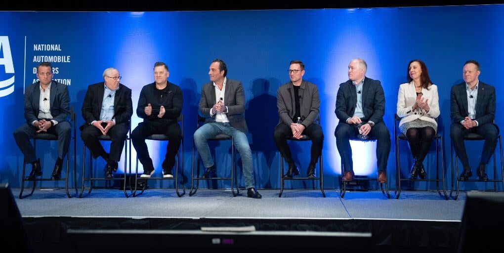 Stellantis executives who met with dealers at the NADA Show in New Orleans: Jeep North America chief Bob Broderdorf, U.S. sales chief Jeff Kommor, Ram CEO Tim Kuniskis, North America COO Antonio Filosa, Dodge CEO Matt McAlear, Mopar North America chief Mike Koval Jr., Chrysler CEO and Alfa Romeo North America chief Christine Feuell, and North America dealer network development chief Bill Peffer. (Photo Credit: MARC PAGANI/STELLANTIS)