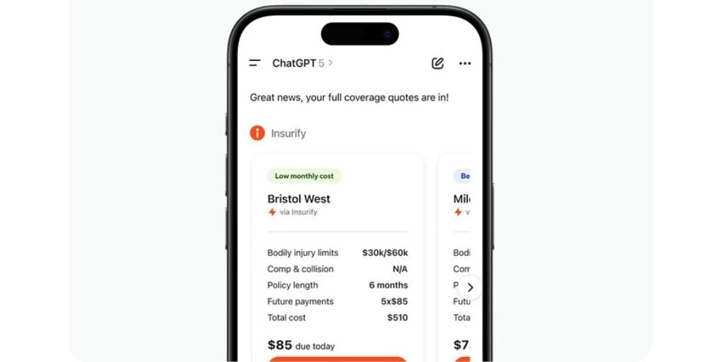 Insurify recently upgraded its ChatGPT Plugin with real-time personalized quotes and in-chat shopping. Credit: Insurify.