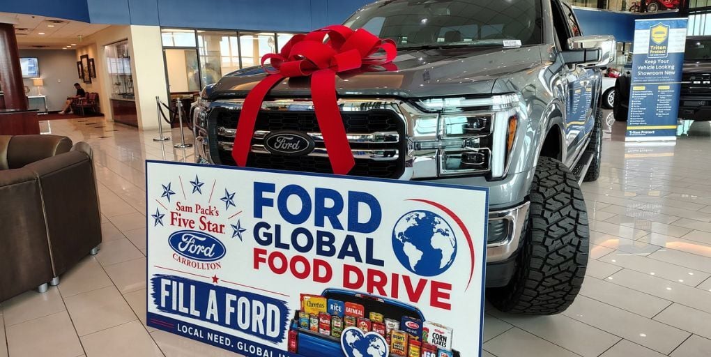 Sam Pack's Five Star Ford Dealerships, located in Dallas-Fort Worth, are participating in the 2026 Ford Global Food Drive. Five Star Ford Carrollton/Facebook.