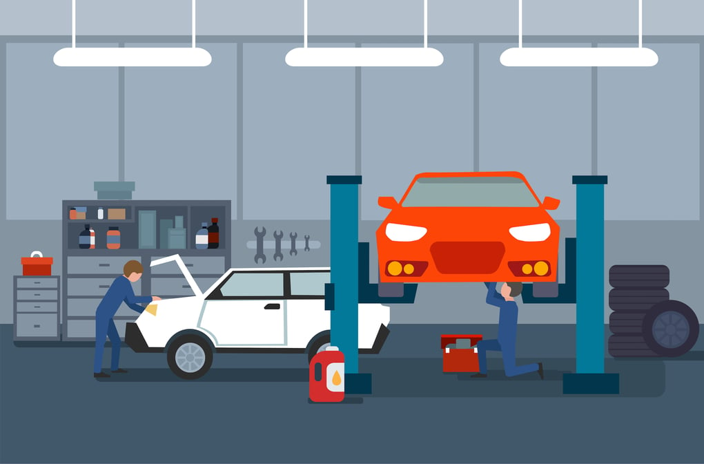 Illustration of a car lift in a repair shop Shutterstock